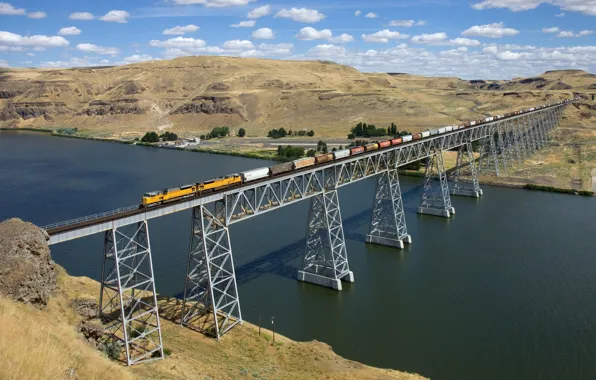 Bridge, Train, River, Load