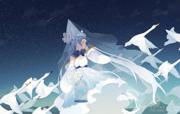 Девочка, Hatsune Miku, лебеди, принцесса, Vocaloid, Вокалоид, Хатсуне Мику