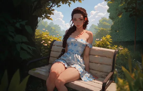 Girl, park, bench, ai art