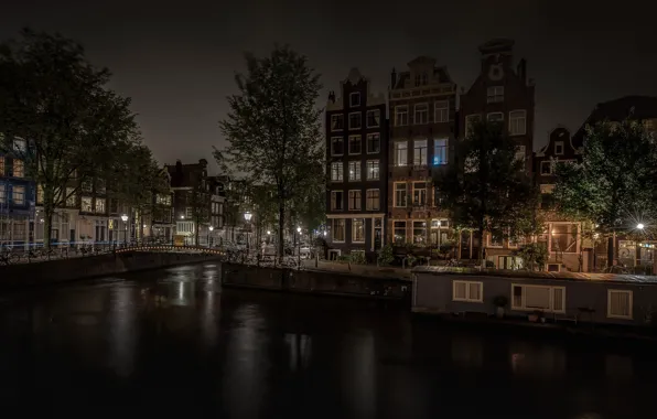 Ночь, огни, дома, Амстердам, канал, Нидерланды
