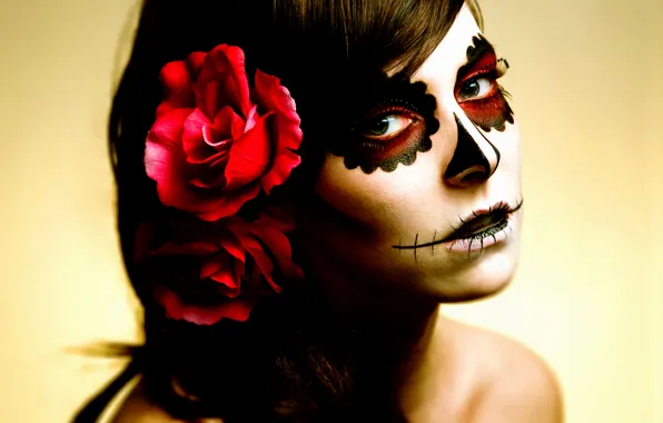 Цветок, девушка, лицо, макияж, Makeup, Dia De Los Muertos, день мертвых