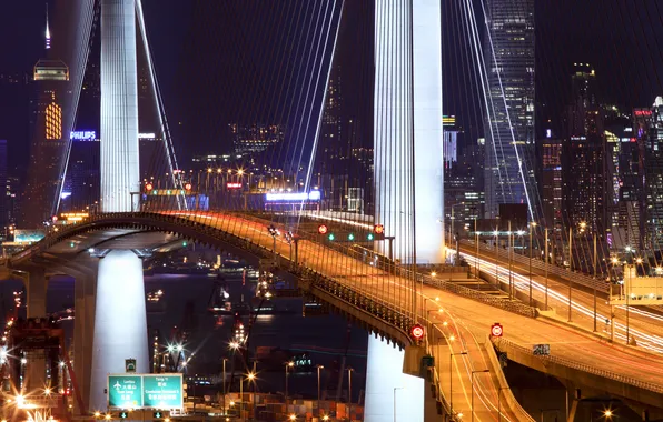 Ночь, мост, огни, Гонконг, hong kong, Stonecutter Bridge