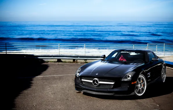 Дорога, море, небо, чёрный, black, sea, mercedes benz, sls amg