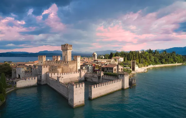 Картинка tower, castle, popular, aerial view, lake garda, castle italy, 13th century castle