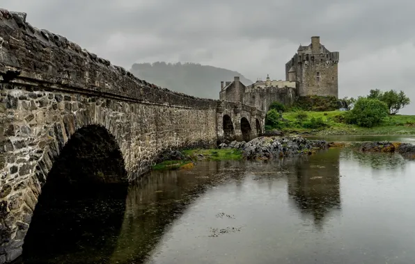 Пейзаж, мост, природа, дождь, Eilean Donan Castle