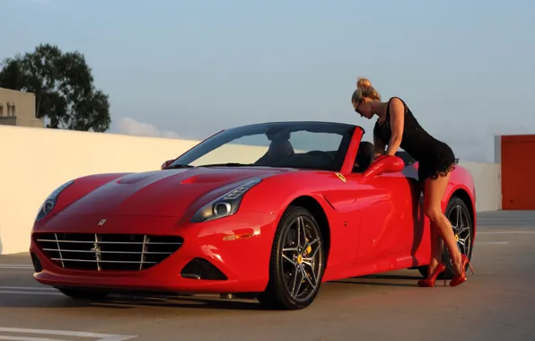 Девушка, платье, стоянка, Ferrari, Эротика, диски, красный авто
