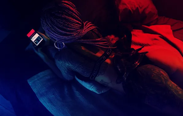Music, light, red, girl, blue, Neon, tattoo, body art