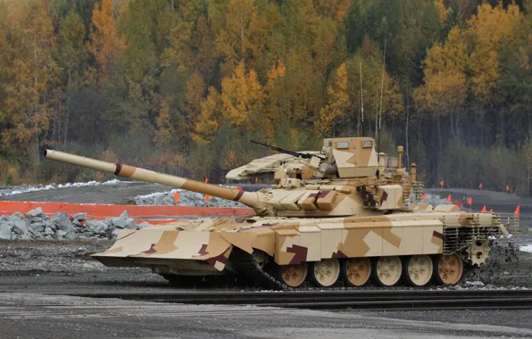 Картинка полигон, T-72, демонстрация, Танк РФ, решетчатые экраны, модульная динамическая защита, с отвалом бульдозера