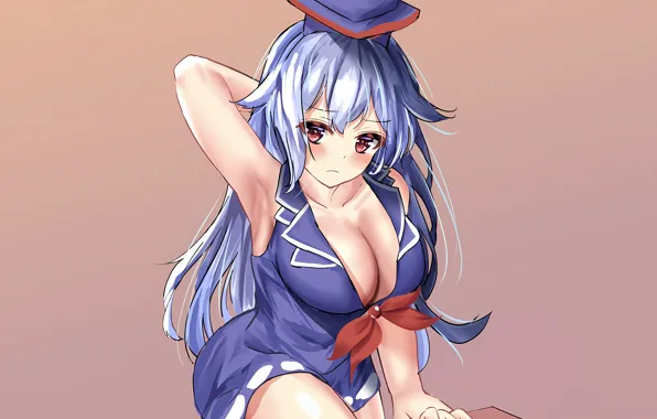 Girl, sexy, cleavage, long hair, dress, hat, boobs, anime