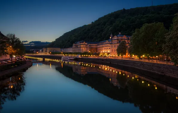 Ночь, огни, река, дома, Германия, фонари, набережная, Bad Ems