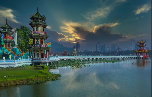 Картинка пейзаж, мост, город, озеро, здания, дома, Китай, Тайвань