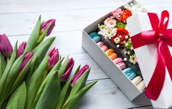 Картинка цветы, коробка, букет, тюльпаны, розовые, wood, flowers, background