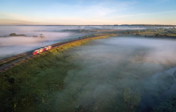 Картинка лето, туман, река, поезд, железная дорога, summer, Россия, river
