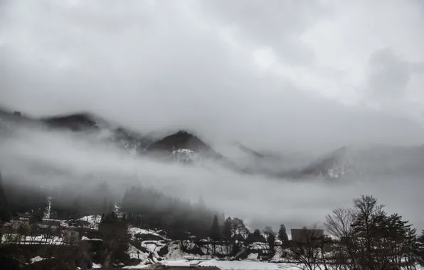 Winter, mountains, clouds, fog, village