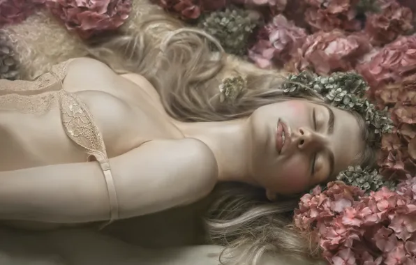 Девушка, цветы, блондинка, венок, Agnieszka Lorek