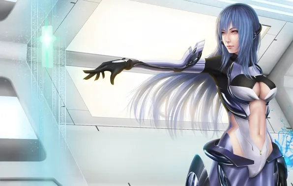 Девушка, интерфейс, волосы, арт, костюм, xenosaga, chia-chun lee, kos-mos