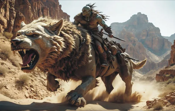 ART, lion, two, hunter, mouth, fangs, fantastic art