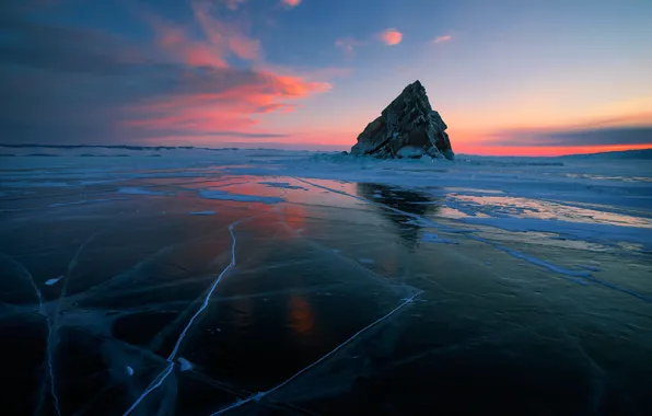 Картинка закат, отражение, лёд, Байкал, остров Еленка