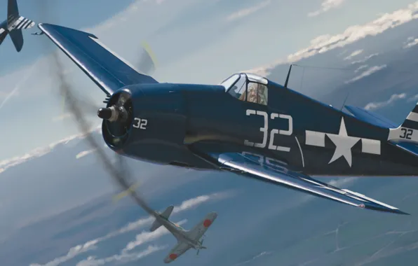 Картинка art, painting, dogfight, ww2. war, Kawanishi N1K, Grumman F6F Hellcat