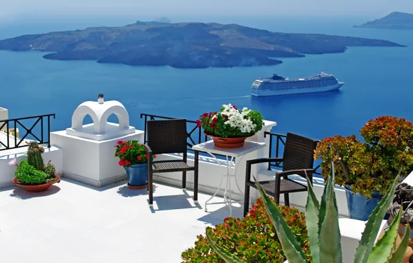 Картинка лето, небо, облака, пейзаж, природа, лодки, Santorini, Greece