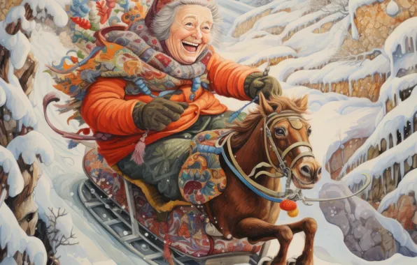 Картинка зима, снег, настроение, бабушка, сани, старушка, забава, лошадка