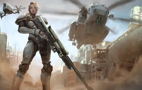 Картинка girl, gun, fantasy, soldier, weapon, Warrior, helicopter, blonde