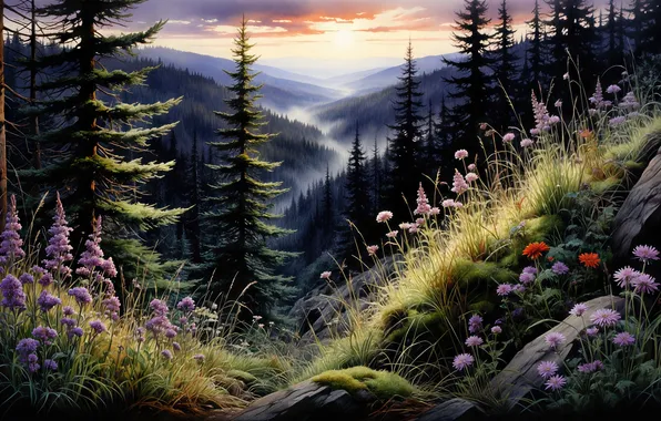 Картинка лес, цветы, горы, природа, горизонт, дымка, digital art, цифровое искусство