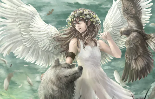 Картинка птица, волк, крылья, ангел, аниме