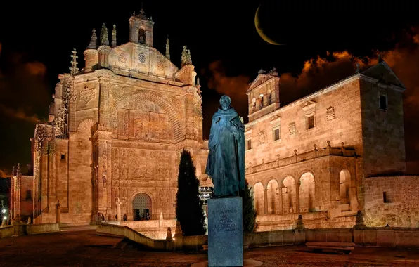 Картинка ночь, огни, луна, площадь, памятник, Испания, Саламанка, монастырь де-Сан-Эстебан