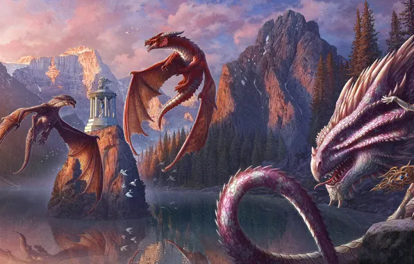 Картинка девушка, горы, озеро, скалы, берег, драконы, арт, fantasy