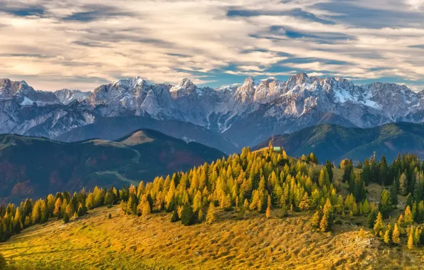 Осень, лес, небо, облака, свет, снег, горы, туман