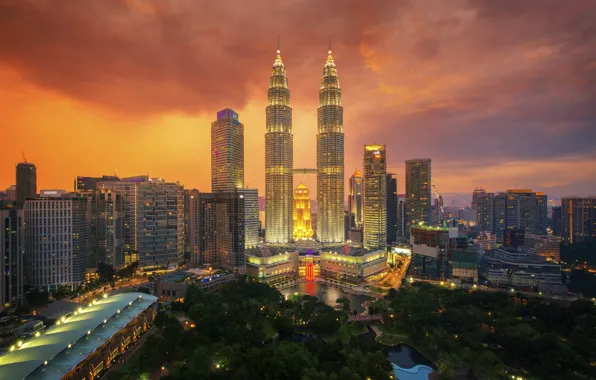 Пейзаж, city, город, ночные огни, landscape, Kuala Lumpur, Куала-Лумпур