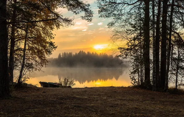 Картинка осень, лес, небо, деревья, туман, река, рассвет, лодка