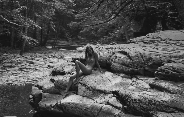 Black&white, girl, nature, monochrome, model, nude, stones, tan lines