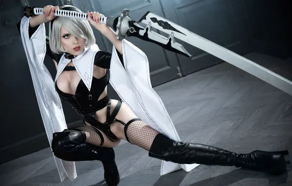 Sword, Lingerie, Model, boobs, short hair, cosplay, Erotic, beautiful face