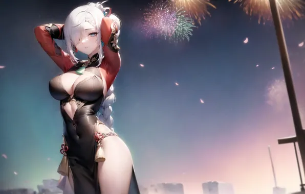 Картинка big boobs, braids, anime girls, white hair, thighs, armpits, hair over one eye, Genshin Impact