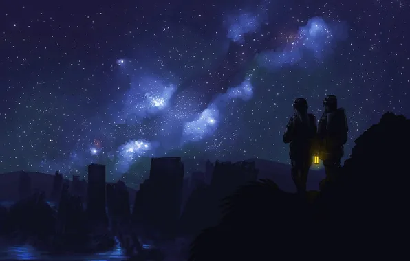 Картинка небо, ночь, люди, свечение, звёзды, Night lighting