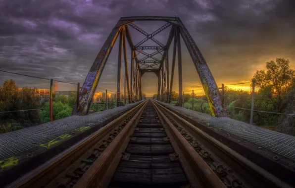 Картинка пейзаж, закат, мост, железная дорога