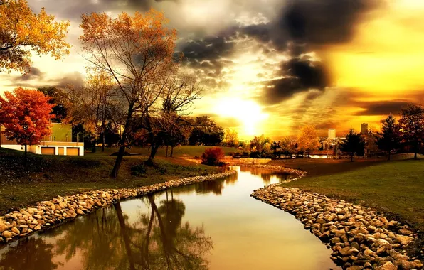 Картинка деревья, река, золотое небо