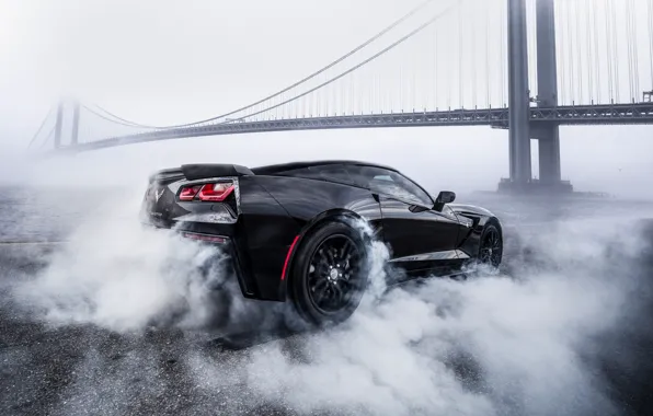 Картинка мост, дым, Corvette, Chevrolet, black, smoke, Chevrolet Corvette