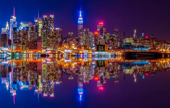 Картинка отражение, река, здания, дома, Нью-Йорк, ночной город, Манхэттен, небоскрёбы