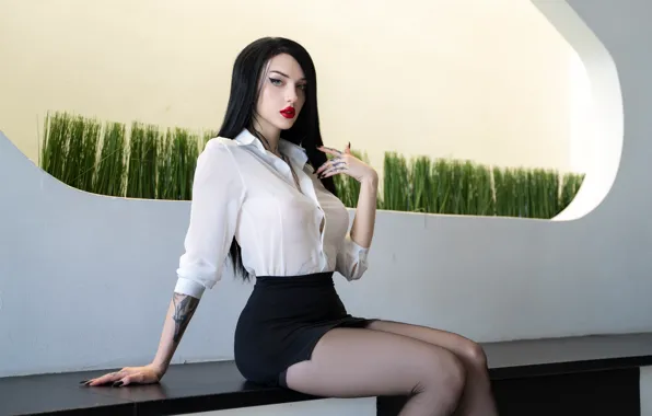 Взгляд, девушка, стол, ноги, волосы, колготки, girl, рубашка