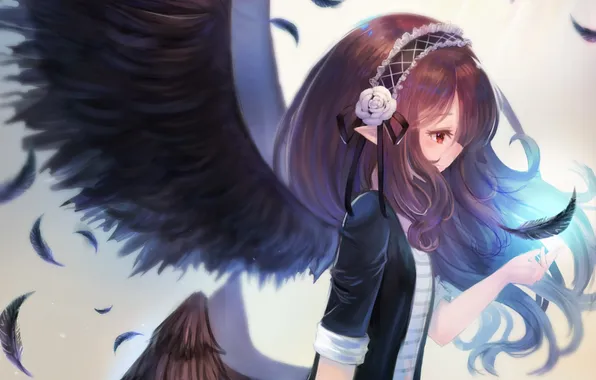 Картинка девушка, магия, крылья, ангел, аниме, перья, арт, zonekiller10