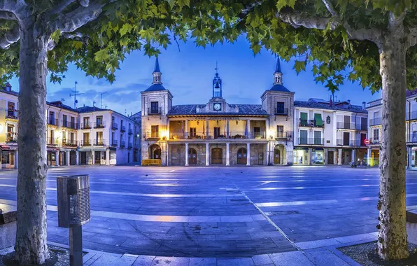 Картинка деревья, огни, вечер, площадь, Испания, ратуша, El Burgo de Osma