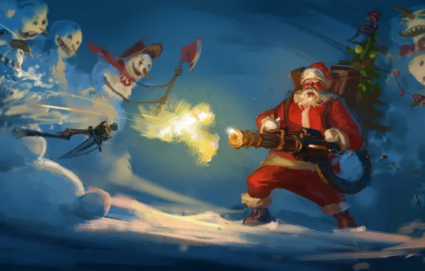 Картинка снеговики, кинжал, топор, Санта Клаус, пулемёт, бойня, Анатолий Мущенко