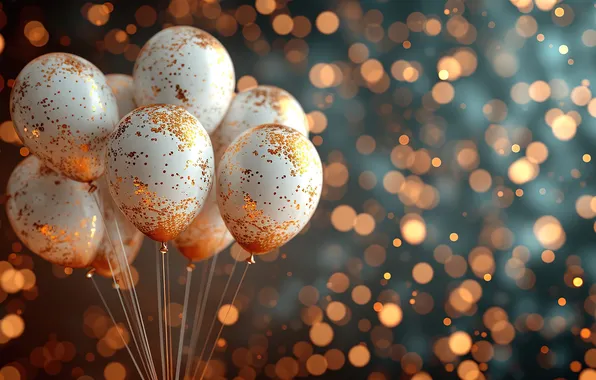 Картинка воздушные шары, фон, день рождения, golden, Happy Birthday, background, bokeh, balloons