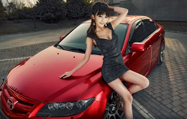 Взгляд, улыбка, Девушки, Mazda, азиатка, красивая девушка, красный авто, красивое платье