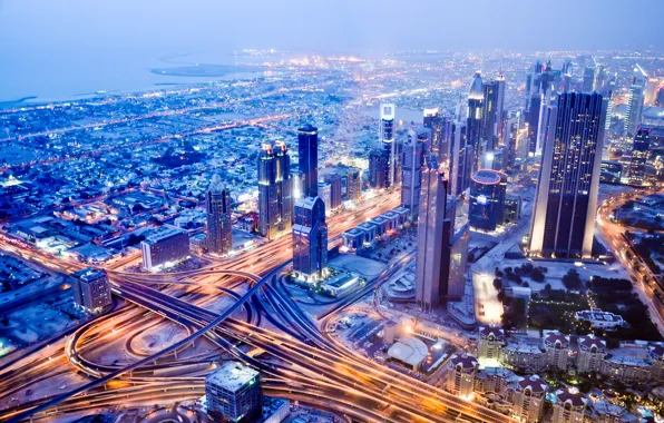 Здания, дороги, панорама, Дубай, ночной город, Dubai, ОАЭ, UAE