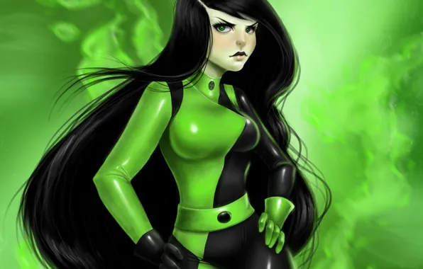 Картинка девушка, арт, злодей, Ким Пять с Плюсом, shego, зеленый костюм