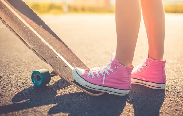 Pink, women, sneakers, longboard